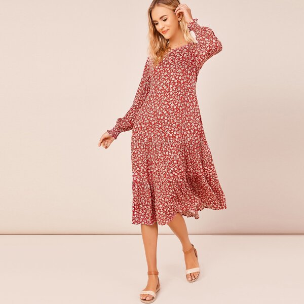 

Ditsy Floral Print Long Sleeve A-Line Midi Dress, Red