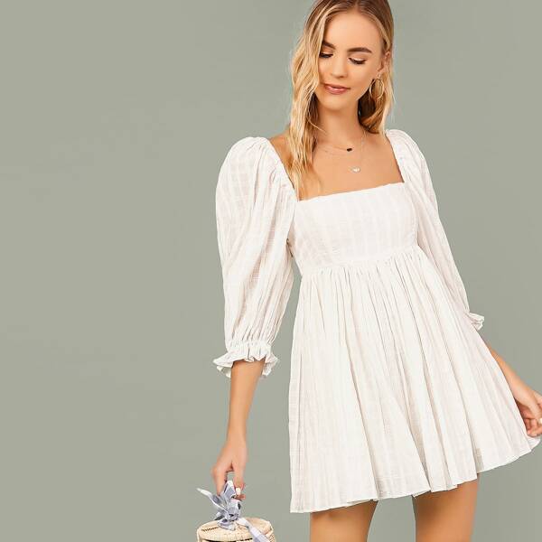 

Square Neck Puff Sleeve Flared Baby Doll Dress, White