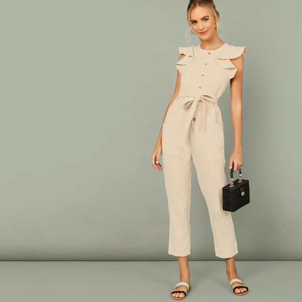 

Short Sleeve Button Up Waist Tie Linen Jumpsuit, Beige