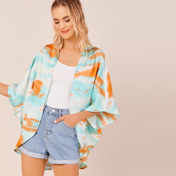 

Open Front Tie Dye Satin Kimono Cover Up, Multicolor
