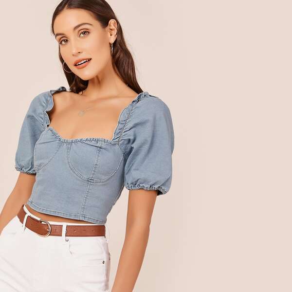 

Short Puff Sleeve Cropped Denim Top, Blue