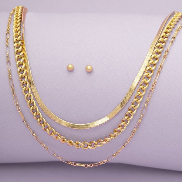 

Stud Earrings And Layered Chain Necklace Set