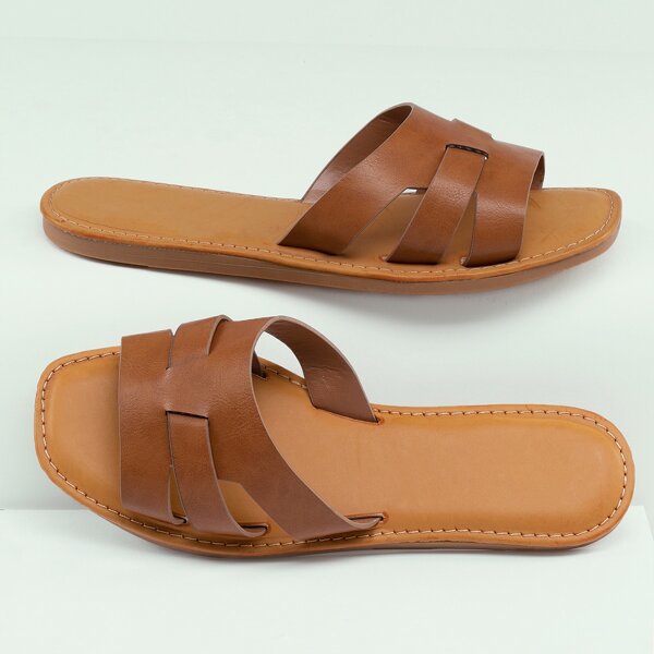 

Square Open Toe Woven Band Slide Sandals, Brown