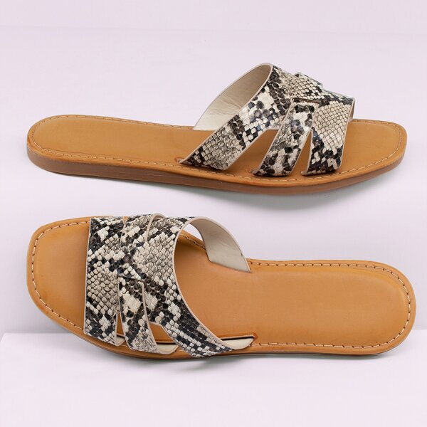 

Square Open Toe Snakeskin Flat Slide Sandals, Multicolor