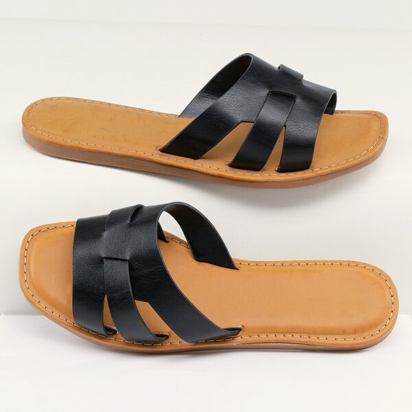 

Looped Square Open Toe Band Slide Sandals, Black