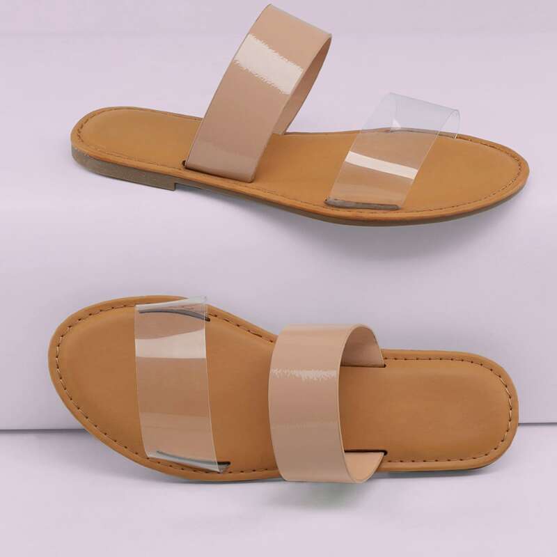 

PVC Twin Bands Flat Slide Sandals, Apricot