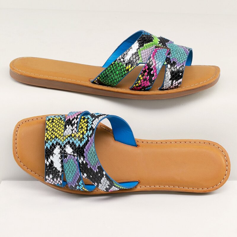 

Snake Print Square Open Toe Slide Sandals, Multicolor