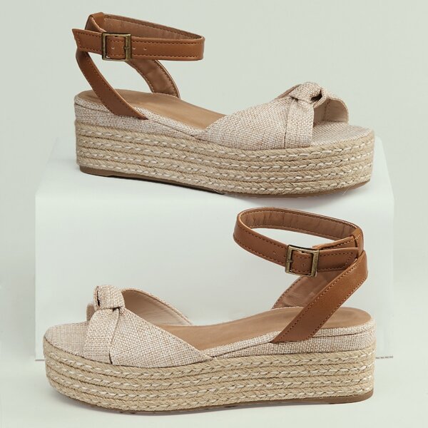 

Linen Twist Detail Buckled Ankle Platform Sandals, Apricot