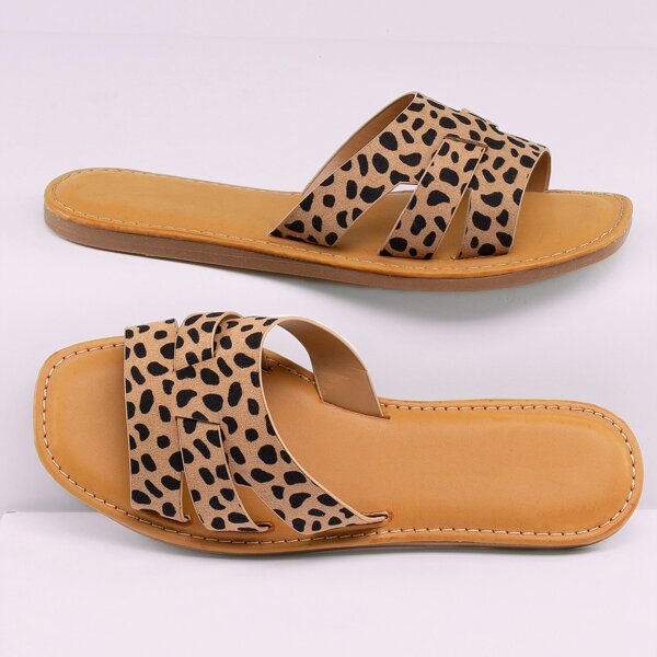 

Cheetah Print Square Toe Flat Slide Sandals, Brown
