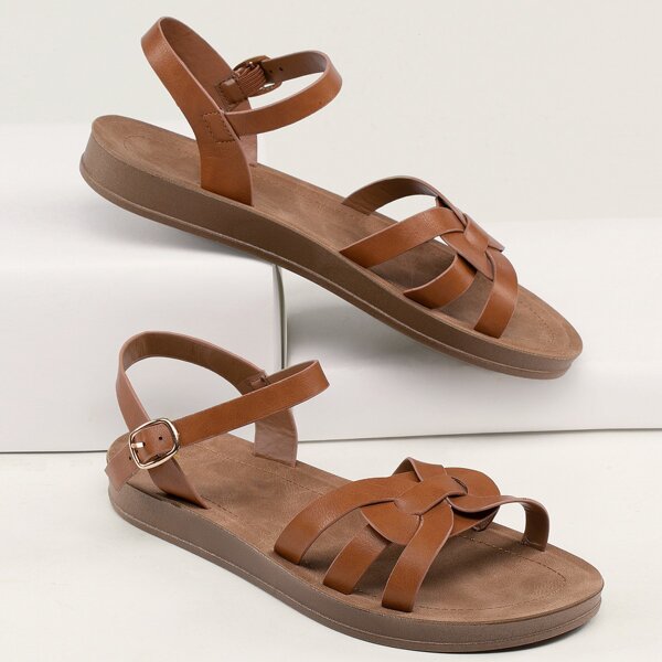 

Weave Detail Ankle Strap Flat Gladiator Sandals, Brown