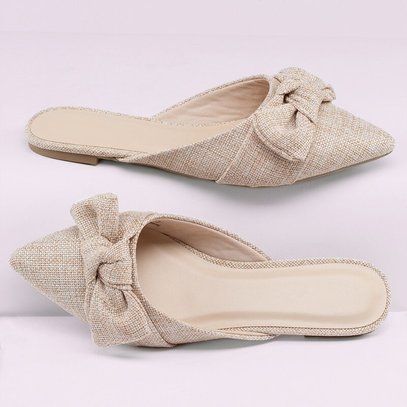 

Pointed Toe Bow Accent Flat Mules, Beige