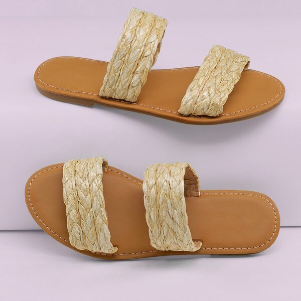 

Woven Raffia Open Toe Twin Band Slide Sandals, Gold