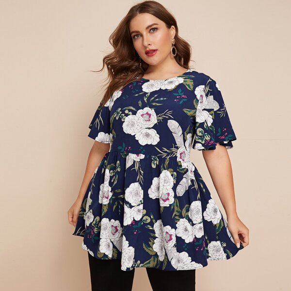 

Plus Floral Print Babydoll Blouse, Navy blue