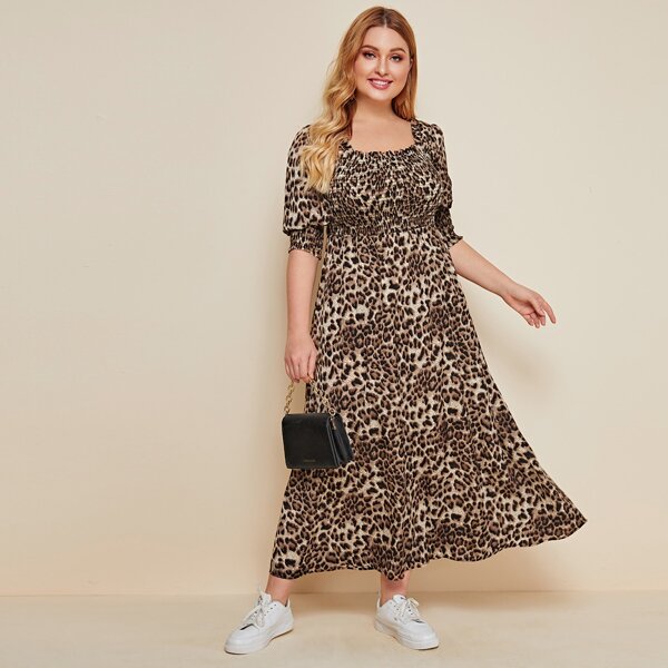 

Plus Double Square Neck Shirred Detail Leopard Dress, Multicolor