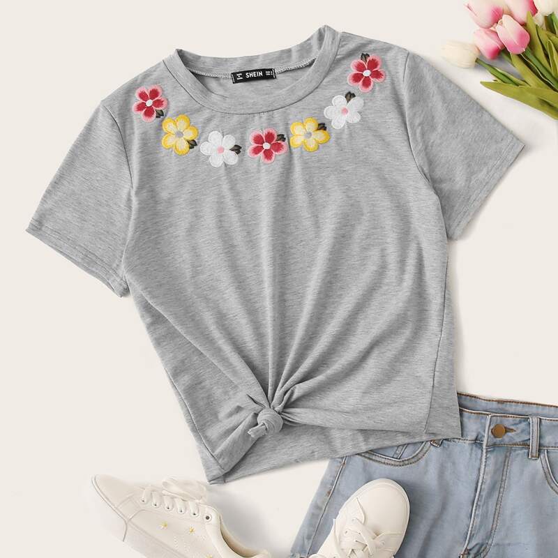 

Floral Embroidery Tee, Grey
