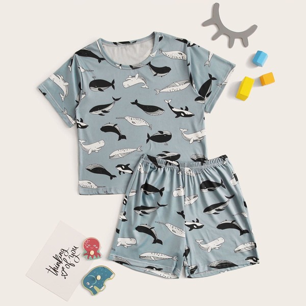 

Boys Shark Print PJ Set, Blue