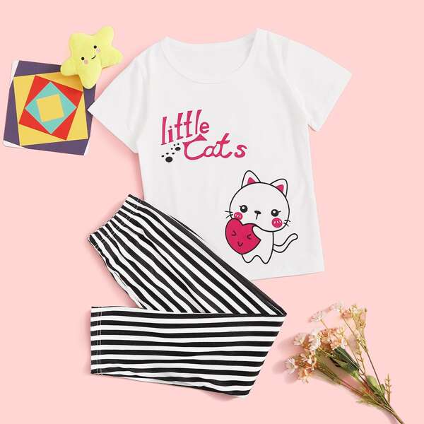 

Girls Cartoon Graphic Tee & Stripe Pants PJ Set, Black and white