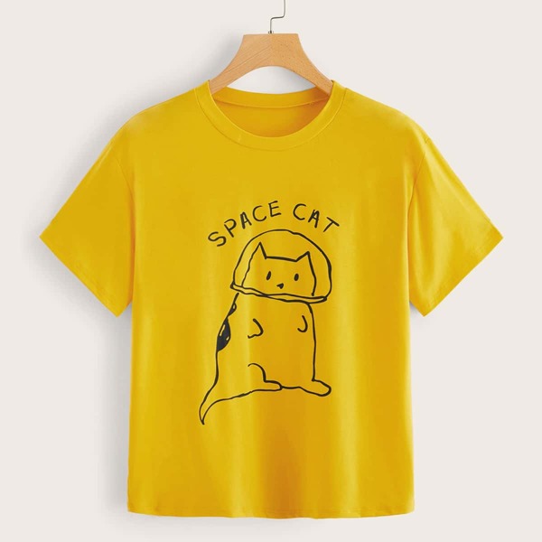 

Plus Cat And Letter Print Tee, Yellow