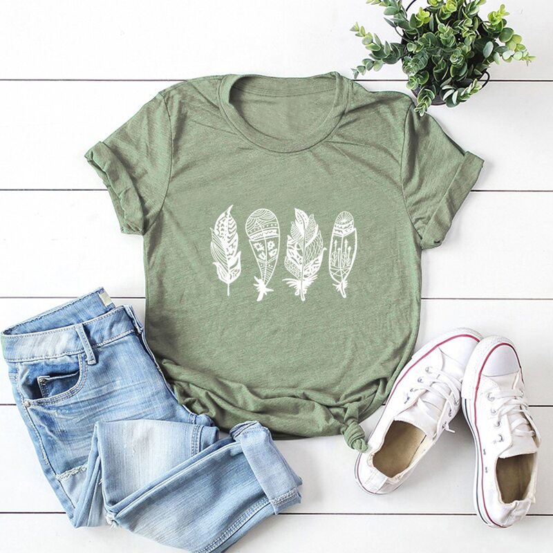 

Feather Print Crew Neck Tee, Army green