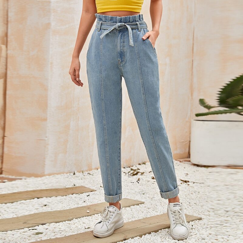 

Paperbag Waist Belted Jeans, Blue