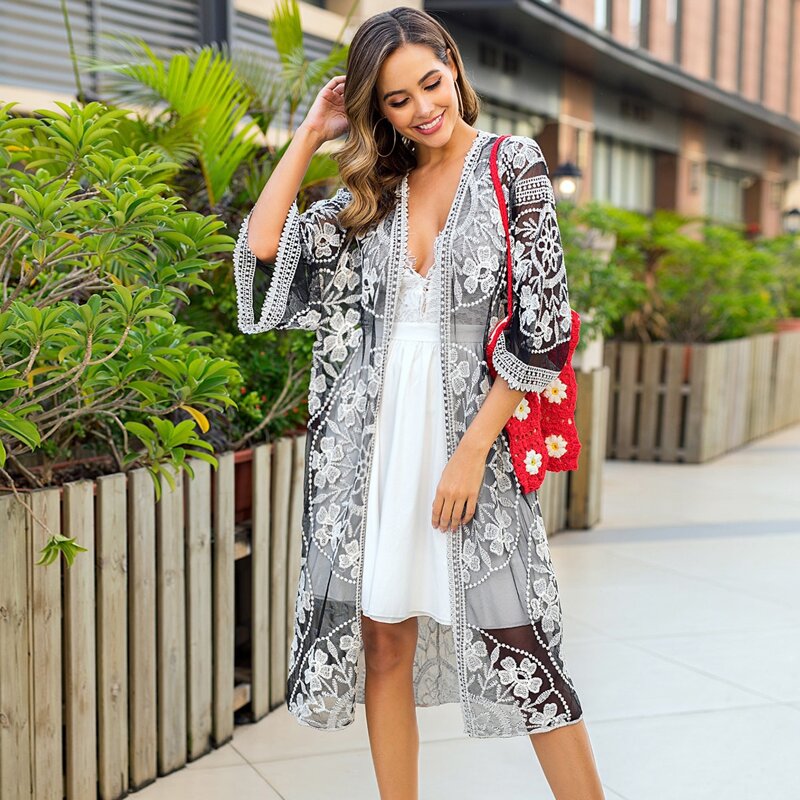 

Sheer Embroidered Mesh Kimono, Black and white