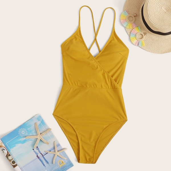 

Lace Up Back One Piece Swimsuit, Yellow