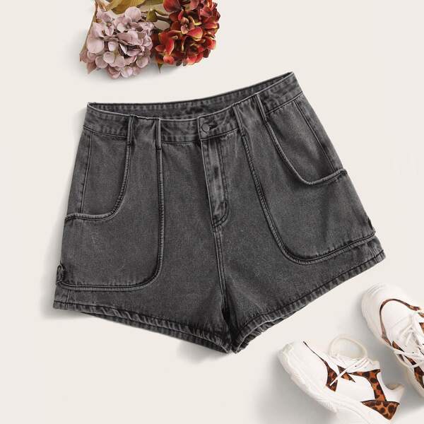 

Plus Dual Pockets Button Fly Denim Shorts, Grey