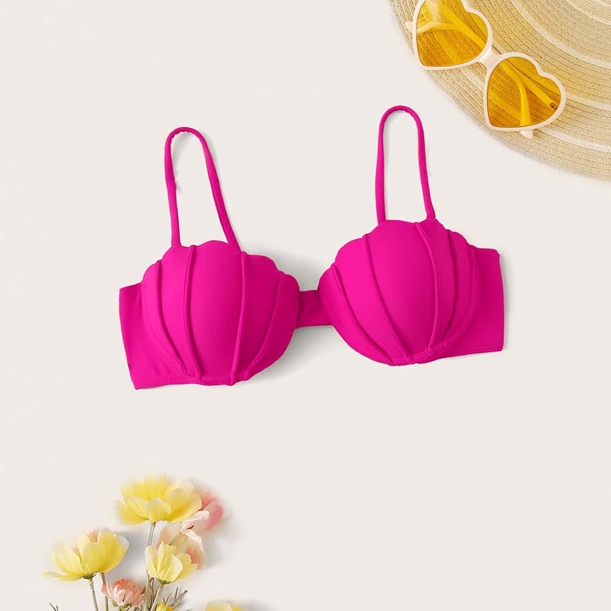 

Scallop Trim Underwire Tie Back Bikini Top, Pink bright