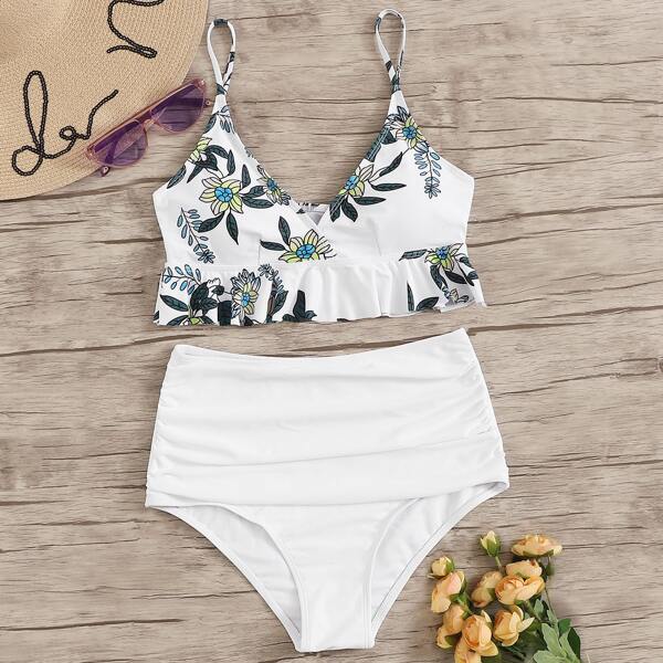 

Цветочное бикини с высокой талией и складкой, Белые