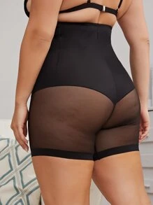 Plus Contrast Mesh High Waist Shapewear Bottom - Black - View 2