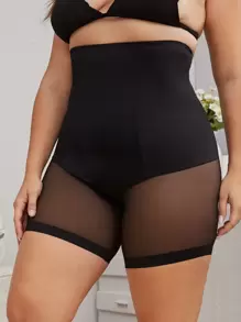 Plus Contrast Mesh High Waist Shapewear Bottom - Black - View 5