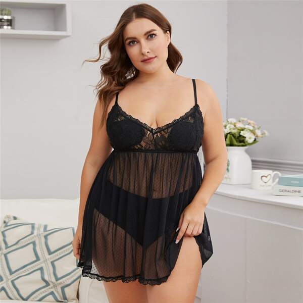 

Plus Contrast Lace Polka Dot Mesh Slips, Black