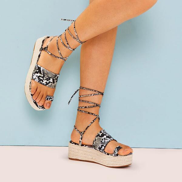 

Toe Ring Tie Leg Snakeskin Espadrille Wedges, Black and white