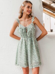 Simplee Tie Front Ruffle Trim Ditsy Floral Cami Dress - Green - View 1