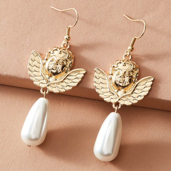 

1pair Metallic Angel & Faux Pearl Decor Drop Earrings, Gold