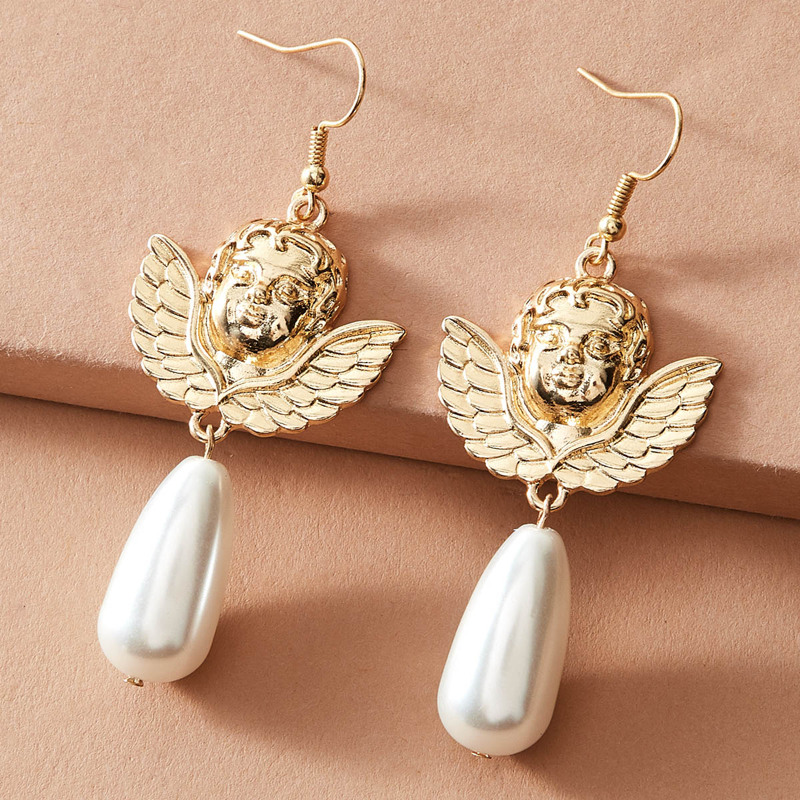 

1pair Metallic Angel & Faux Pearl Decor Drop Earrings, Gold
