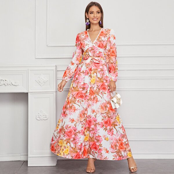 

Allover Floral Print Belted Maxi Dress, Multicolor