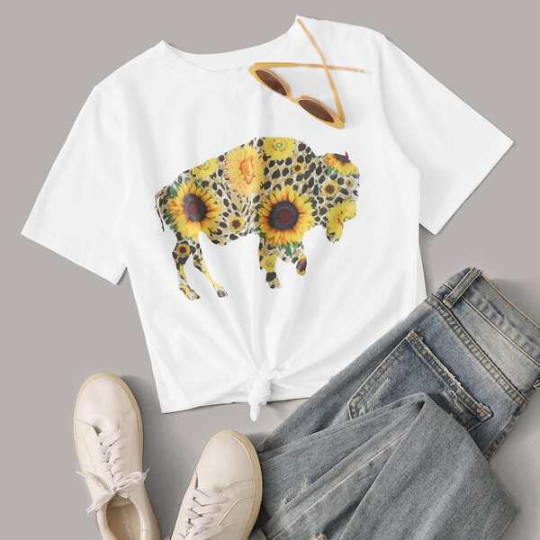 

Sunflowers Tattoo Animal Print Tee, White