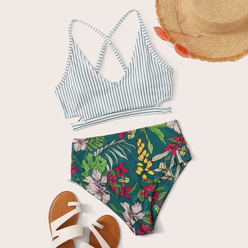 

Striped & Tropical Cutout High Waisted Bikini Swimsuit, Multicolor
