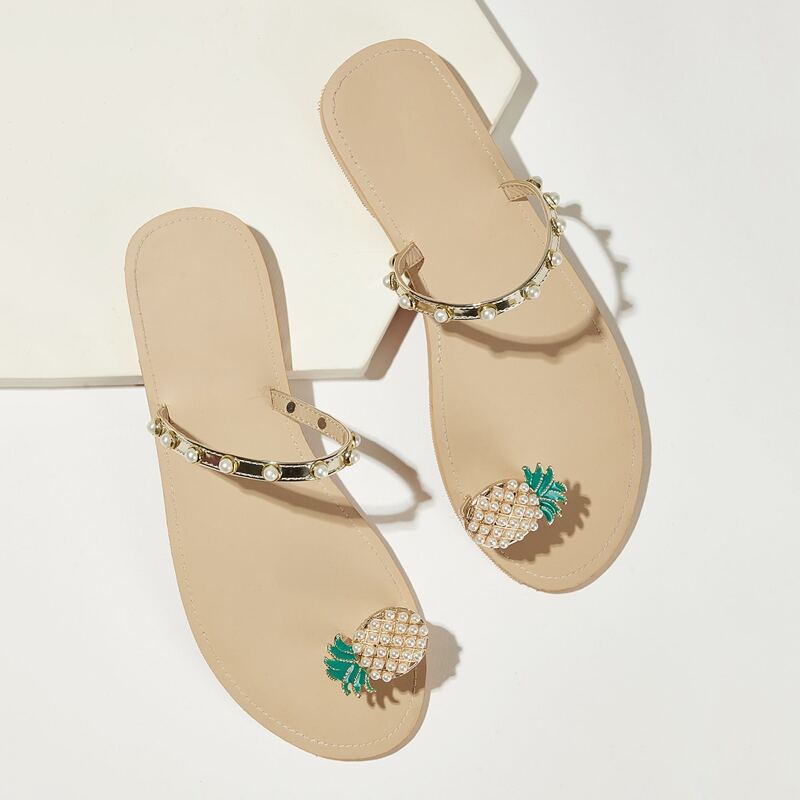 

Faux Pear Beaded Pineapple Decor Toe Ring Sliders, Nude