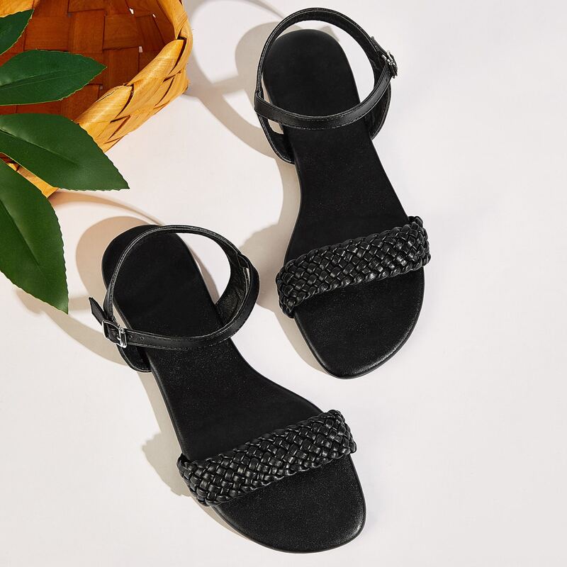 

Open Toe Braided Strap Sandals, Black