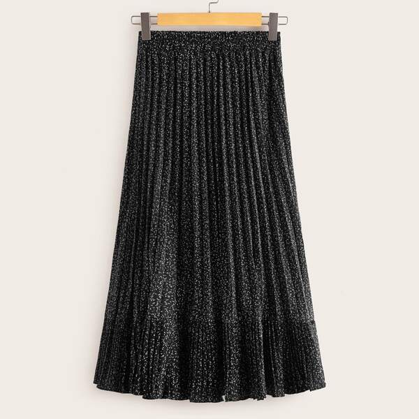 

Ditsy Floral Print Pleated Skirt, Black