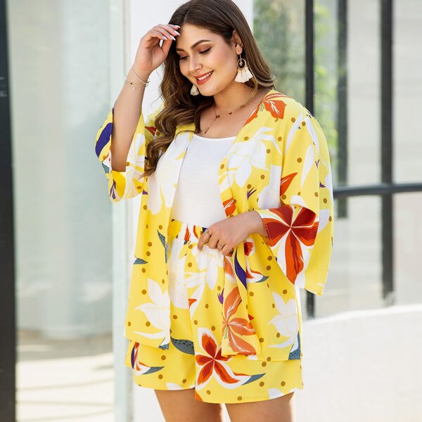 

Plus Floral And Polka Dot Kimono & Shorts, Yellow