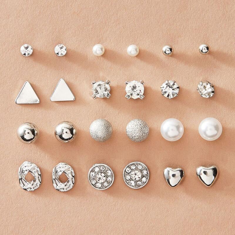 

10pairs Heart Shaped Rhinestone Decor Stud Earrings, Multicolor
