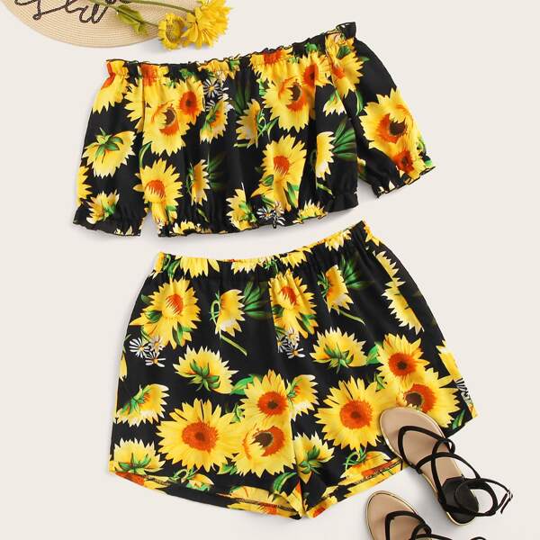 

Plus Floral Print Bardot Top & Shorts, Multicolor