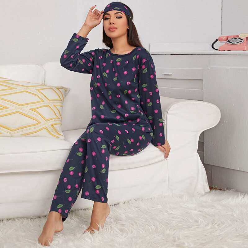

Cherry Print PJ Set With Eye Cover, Navy