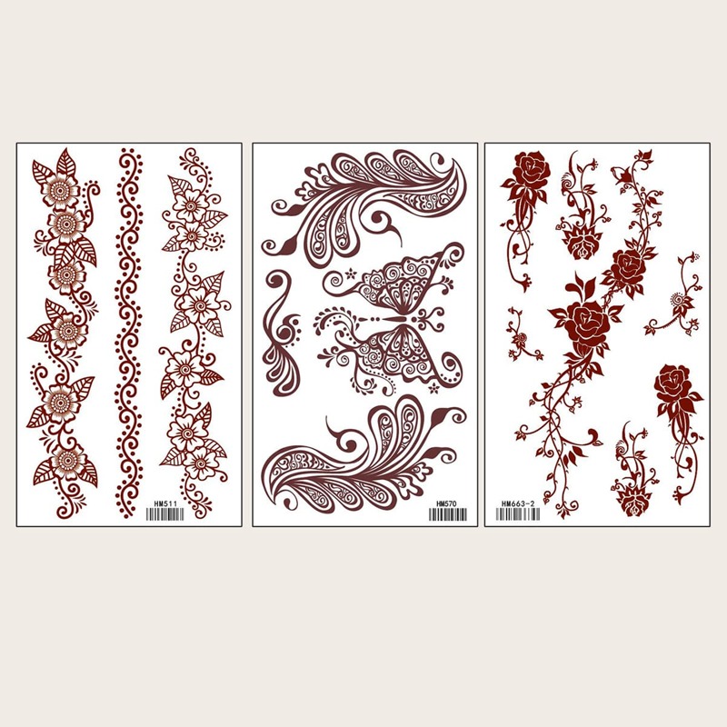 

3pcs Butterfly & Floral Pattern Tattoo Sticker, Red