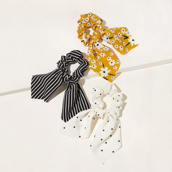 

3pcs Striped & Floral Pattern Scrunchie, Multicolor