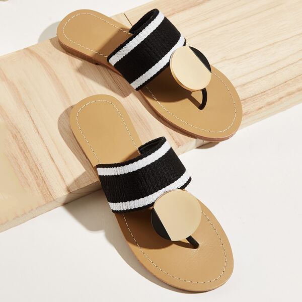 

Metal Round Decor Flip Flops, Black and white