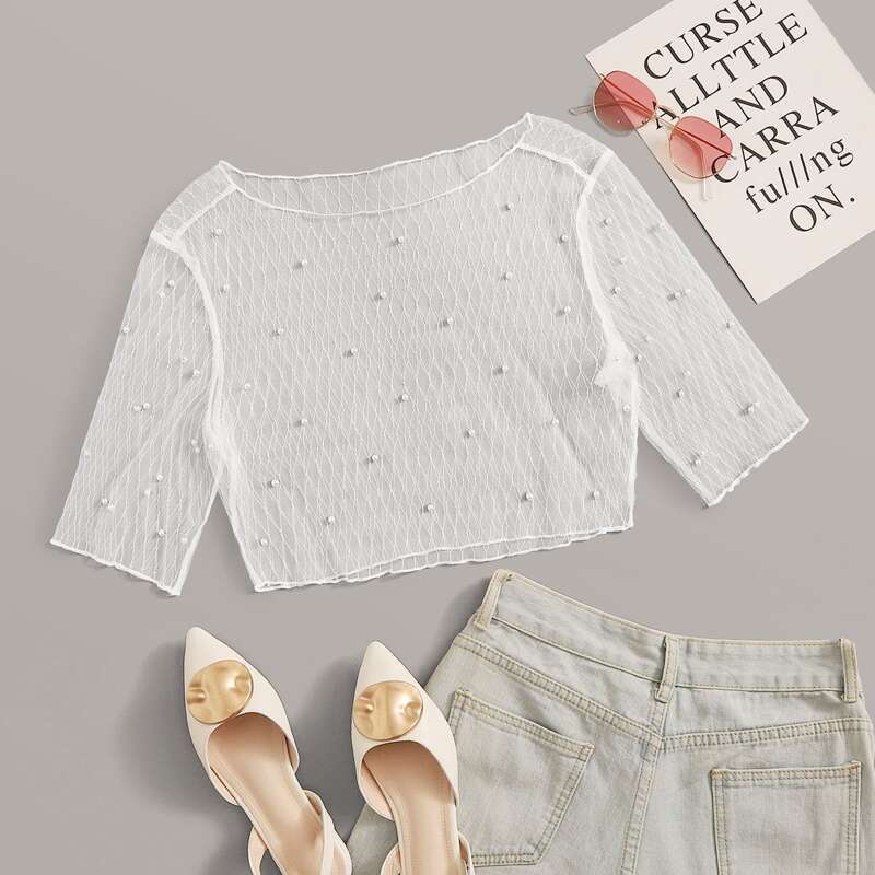

Pearl Beaded Sheer Mesh Crop Top, White